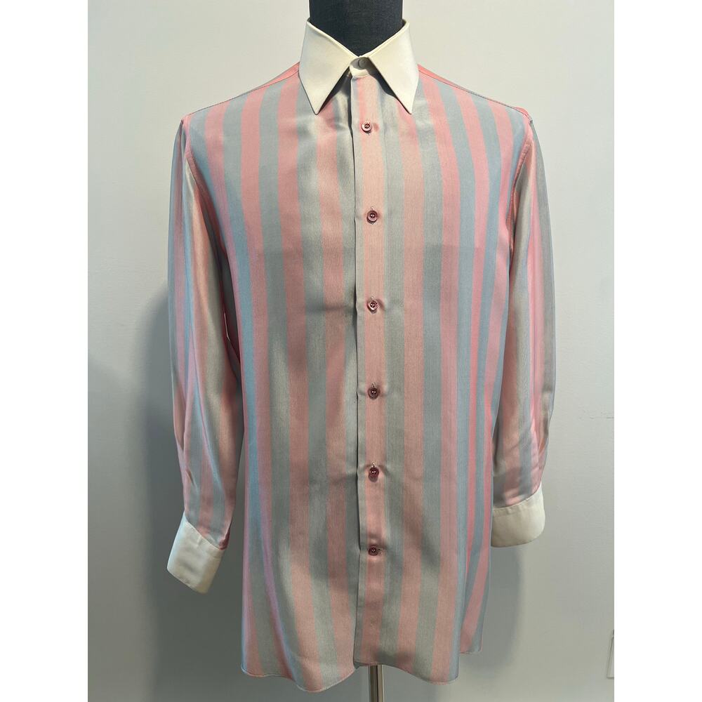 Bijan Silk Dress Shirt Button Down Gray Pink Vertical Stripes Size 16.5 JP